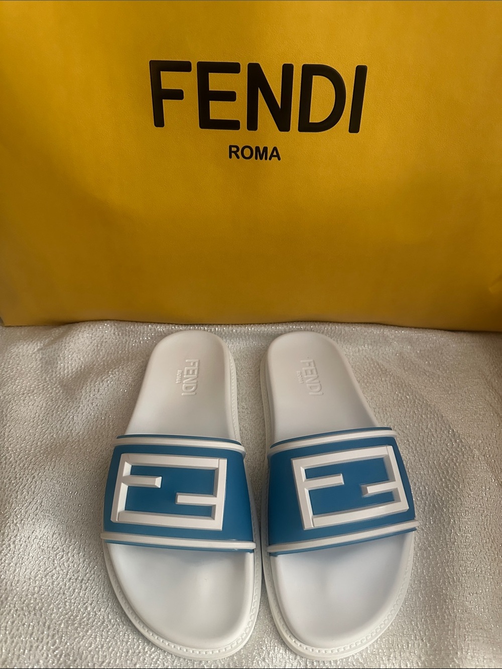 Fendi White Slides with Blue Embossed Logo Strap